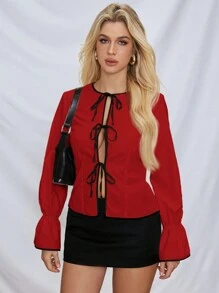 SHEIN Essnce Women Colorblock Cuff Casual Flared Lantern Sleeve Blouse, Spring/Autumn