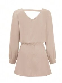 Solid Color Long Sleeve V-Neck Casual Dress - Apricot - View 7