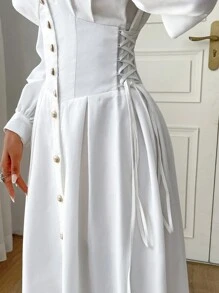Modelyn Women's Front Button Solid Color Elegant Long Sleeve Dress Long Evening Dresses - White - View 5