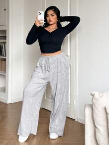 SHEIN EZwear Plus Size Women's Casual Drawstring Waist Grey Pants, Autumn - Light Grey - View 3