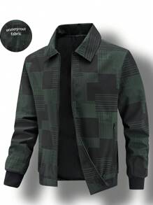 Manfinity Homme Men's Turn-Down Collar Zipper Outdoor Windbreaker Jacket, Plaid Print