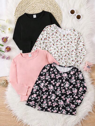 SHEIN Genkimix Kids 4pcs/Set Girls Casual Long Sleeve Round Neck T-Shirts, 2pcs Printed Tees + 2pcs Solid Color Tees, Comfortable & Fashionable For Autumn/Winter