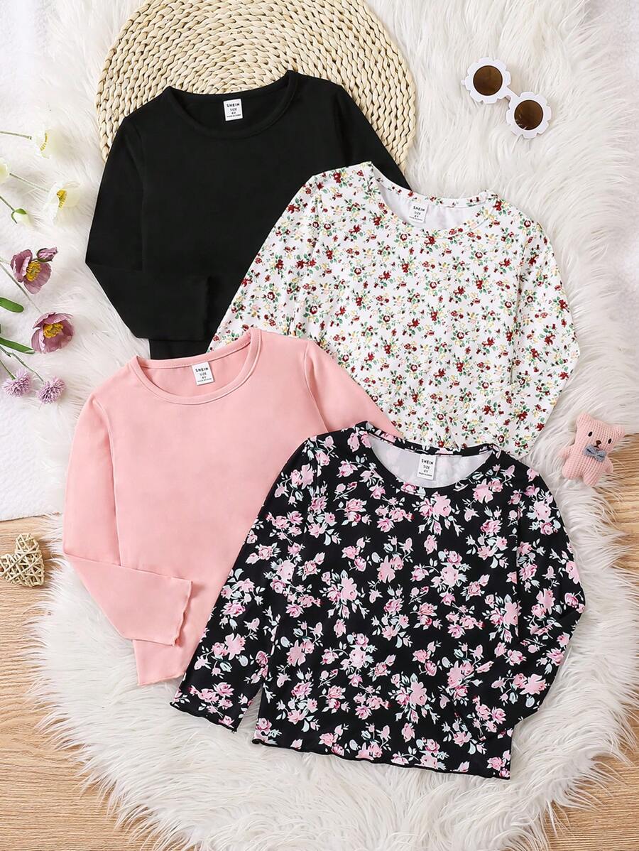 SHEIN Genkimix Kids 4pcs/Set Girls Casual Long Sleeve Round Neck T-Shirts, 2pcs Printed Tees + 2pcs Solid Color Tees, Comfortable & Fashionable For Autumn/Winter - Multicolor - View 1