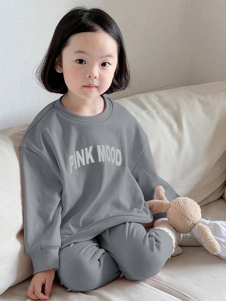 2pcs/Set Young Girl Crew Neck Knit Fleece Letter Print Sweatshirt And Pants, Fall Outfit, Winter