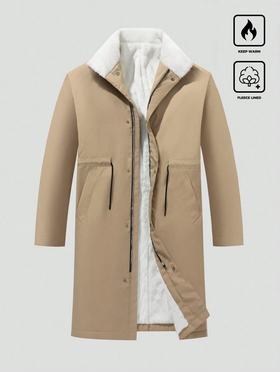 Manfinity Homme 男士保暖内衬抽绳腰长款休闲风衣，秋冬款 - 卡其色 - 查看 1