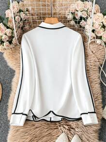 GlowEve 秋季新款白色拼色条纹领长袖奢华高端百搭衬衫女士衬衫、长袖上衣 - 白色 - 查看 2