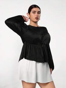 SHEIN EZwear Plus Size Women Fall Daily Casual Loose Fit Bowknot Shirt, Workplace Lightweight Shiny Satin Blouse - Black - View 3