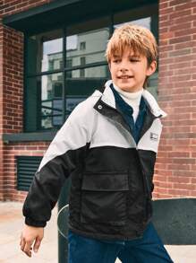 SHEIN Tween Boy 拼色袋鼠口袋连帽棉服外套，冬季 - 黑與白 - 查看 7
