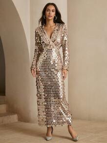 Anewsta Váy dài tay đính sequin sang trọng dành cho nữ, trang phục dự tiệc Maxi cho mùa thu/đông năm mới - Vàng - Xem 4