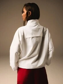 Athîral 女式撞色前拉链长袖休闲夹克 - 白色 - 查看 4