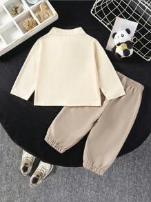 SHEIN 男宝宝传统中式绅士四件套，复古优雅 | 熊猫竹子数码印花衬衫，松紧袖口裤，适合外出休闲穿着 - 白色 - 查看 2