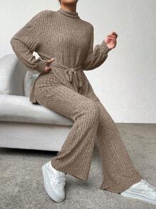 SHEIN Essnce 2 件套女士休闲宽松长袖上衣和裤子套装，秋季 - 摩卡棕 - 查看 5