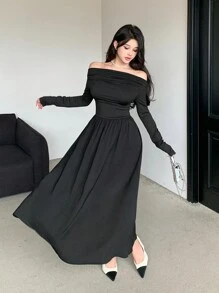 DAZY 女士优雅露肩收腰长袖纯色连衣裙，秋季，生日舞会礼服，秋季女装 - 米色 - 查看 5
