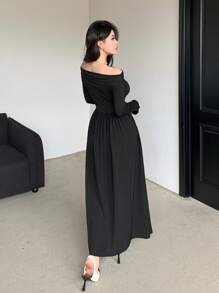 DAZY 女士优雅露肩收腰长袖纯色连衣裙，秋季，生日舞会礼服，秋季女装 - 米色 - 查看 2