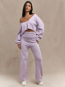 MISSGUIDED Cozy Loungewear Knitted Two Piece Set Fall Winter Co-Ord Plunge Off Shoulder Long Sleeve Sweater Wide Leg Pants Tracksuit