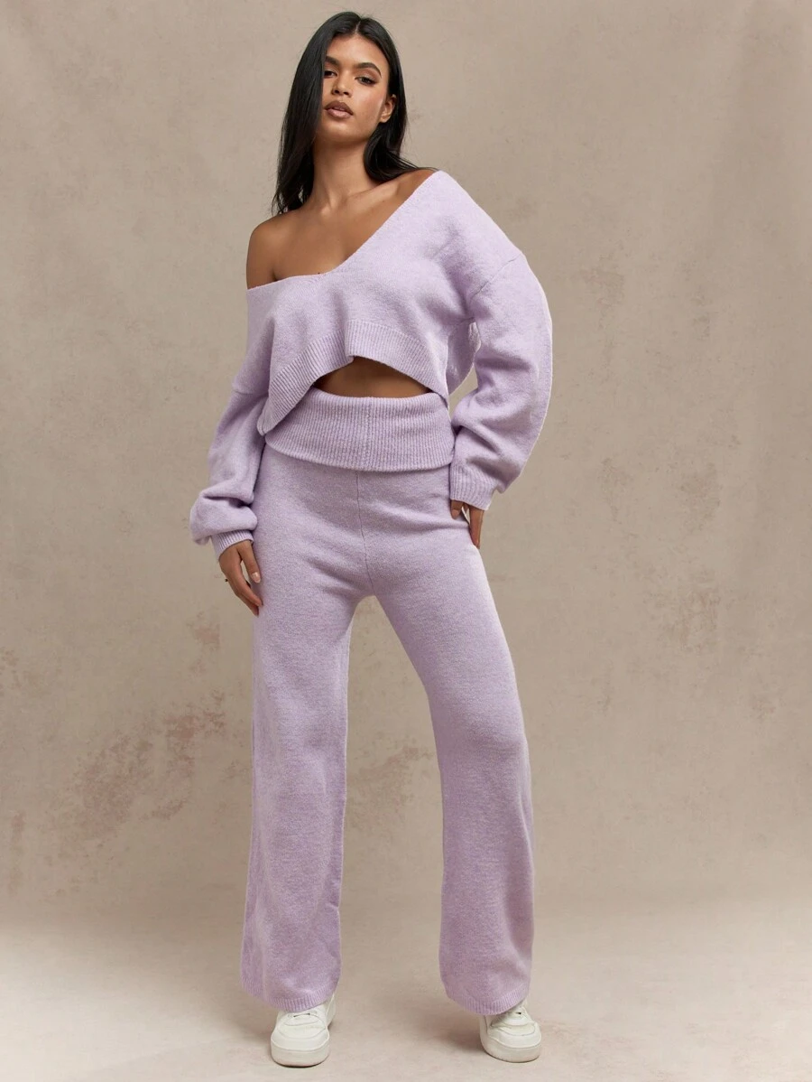 MISSGUIDED Cozy Loungewear Knitted Two Piece Set Fall Winter Co-Ord Plunge Off Shoulder Long Sleeve Sweater Wide Leg Pants Tracksuit
