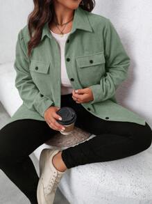 SHEIN LUNE Plus Size Women's Solid Color Long Sleeve Utility Pocket Casual Jacket, Spring & Fall Winter Autumn - Mint Green - View 1