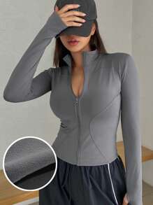 DAZY Chaqueta ajustada con cremallera delantera de unicolor, primavera otoño - Gris - Ver 1