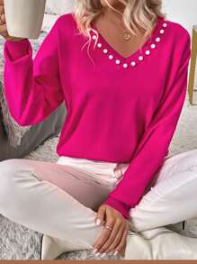 SHEIN Clasi Jersey de punto con escote en V y adorno de perlas de imitación, para mujer, otoño/invierno