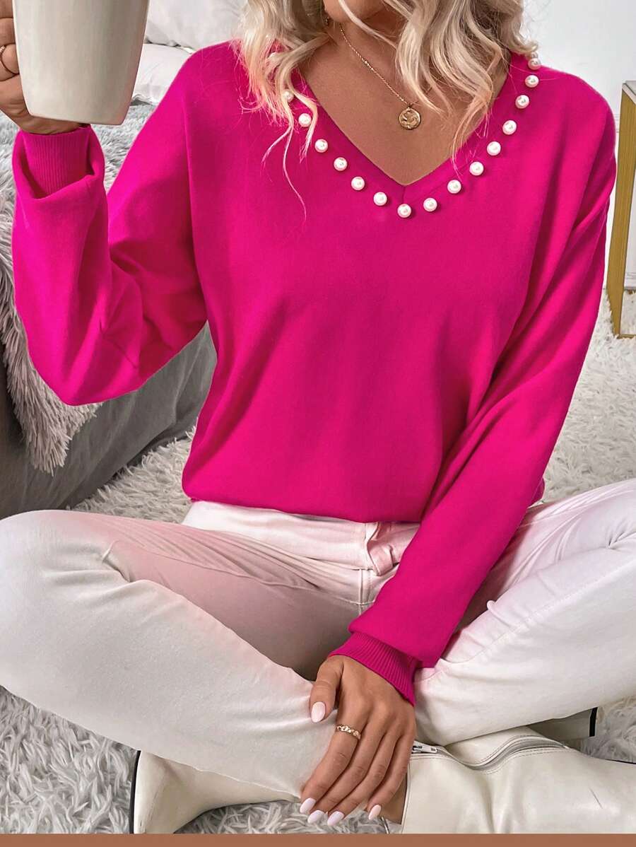 SHEIN Clasi 女士V领仿珍珠装饰针织毛衣,秋冬季 - 玫紅色 - 查看 1