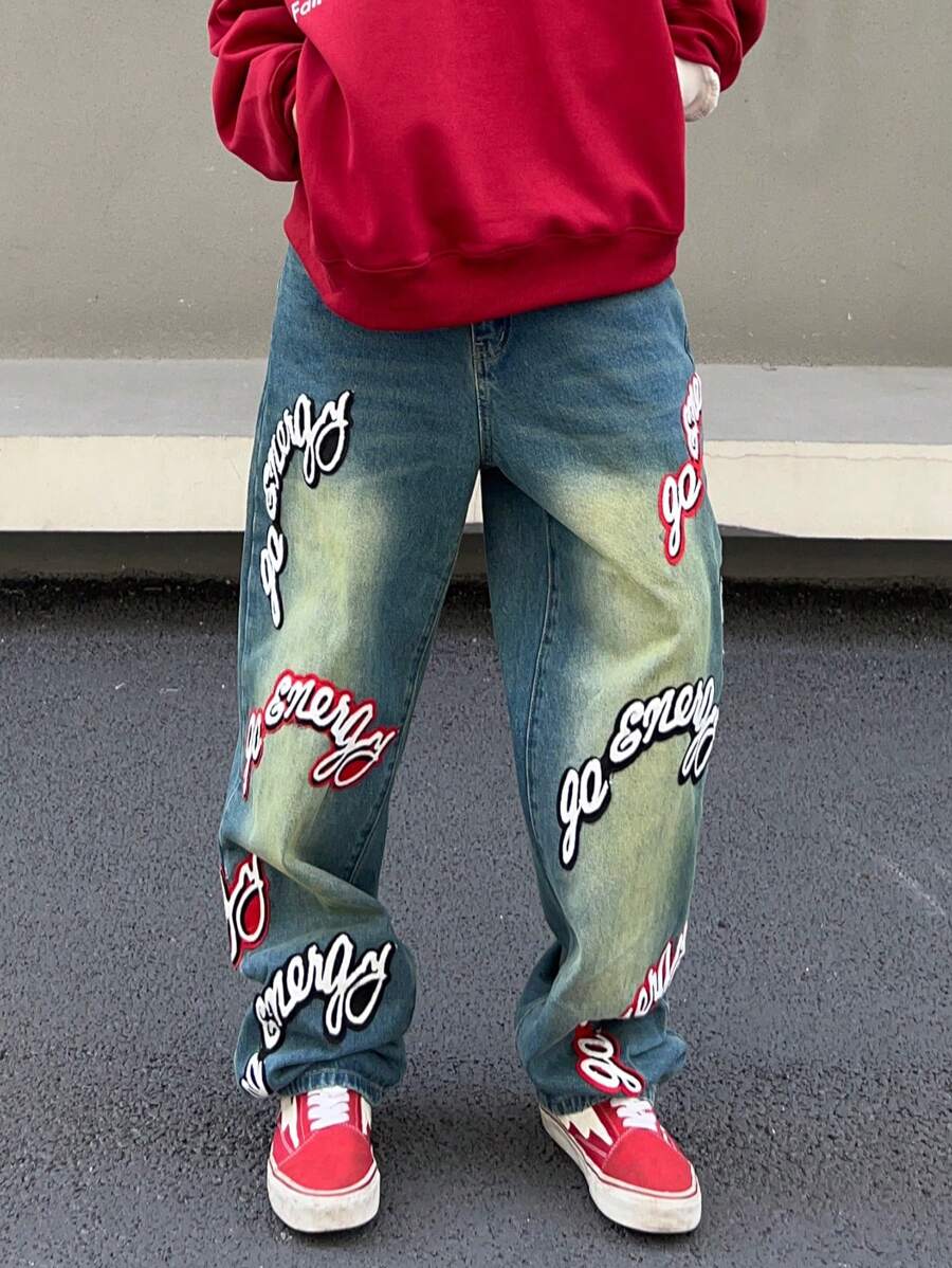 Manfinity EMRG Men Letter Graphic Straight Leg Jeans Hang Out Street College Going Out - Light Wash - View 1