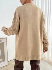 EURMUSE 秋冬季条纹针织休闲宽松长款连衣裙，及膝直下摆内衣 - 駝色 - 查看 6