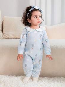 Baby Girl Elegant Tropical Balloon Pattern Collared Jumpsuit - Blue and White - View 4