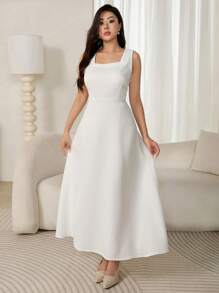 Modelyn 2pcs Women's Solid Color Long Sleeve Top And Square Neck Sleeveless Dress Set 2 Pieces Set - White - View 6