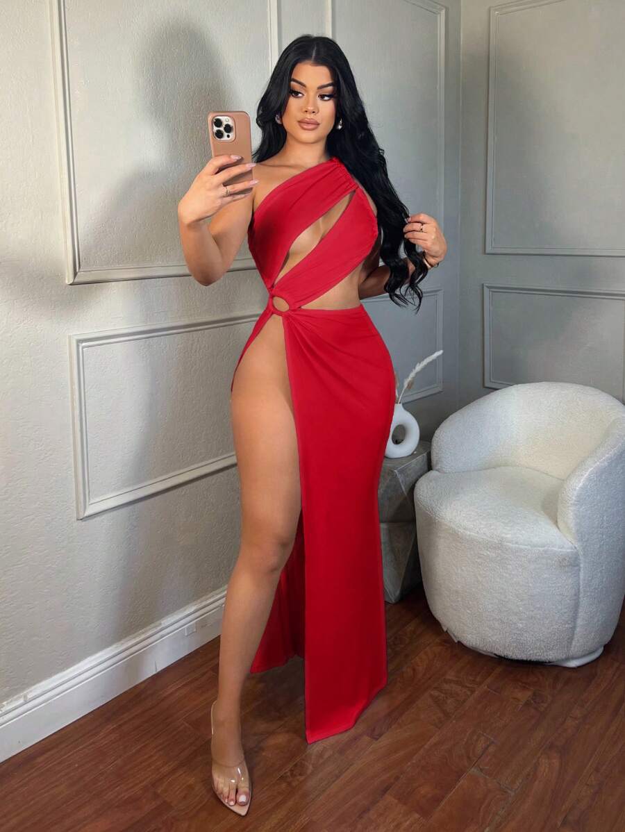 SHEIN SXY 单肩镂空开叉大腿连衣裙适合约会之夜、生日、单身派对装、休闲、购物、外出、度假、海滩， - 紅色 - 查看 1