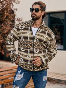 Manfinity Homme Heren Geometrisch Print Lange Mouw Rits Voorkant Casual Jas Voor Herfst/Winter, Herenjas, Herfst En Winter Herenkleding, Heren Khaki Jas, Pluche Fleece Voor Warmte, Winter Herenjas, Vriendje Cadeau, Koraal Fleece