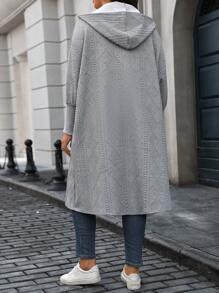 SHEIN LUNE Áo khoác cardigan dài tay trễ vai màu trơn cỡ lớn cho nữ, mùa thu đông, có mũ trùm đầu thường ngày - Màu xám đen - Xem 2