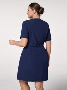 TaskEZ 大码女式夏季纯色 V 领短袖口袋休闲连衣裙护士服制服连衣裙 - 藏蓝色 - 查看 2