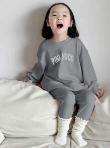 Dazy Kids 两件套女童圆领针织抓绒字母印花卫衣和裤子，秋季套装，冬季 - 灰色 - 查看 3