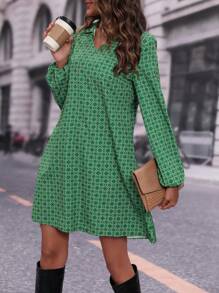 SHEIN LUNE Women's Geometric Print Lantern Sleeve Casual Loose Straight Dress, Spring/Summer