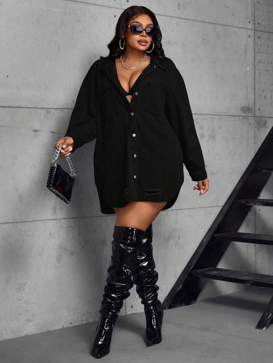 SHEIN SXY 大码无弹力时尚休闲牛仔夹克，秋装 - 黑色 - 查看 1