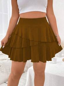 Flirla Damen Große Größen Skort aus Einfarbigem Stoff mit gerüschtem Saum, lässig