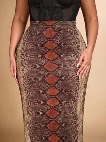 SHEIN BAE Plus Size Herfst Elegante Sexy Vrouwen Dierenprint Slangenprint Mesh Print Slim Fit Bruine Rok