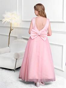 SHEIN Tween Girls Pink V-Neck Backless Butterfly Decor Mesh Dress, Elegant Party Gown Suitable For Outdoor And Indoor Events - Pink - View 1