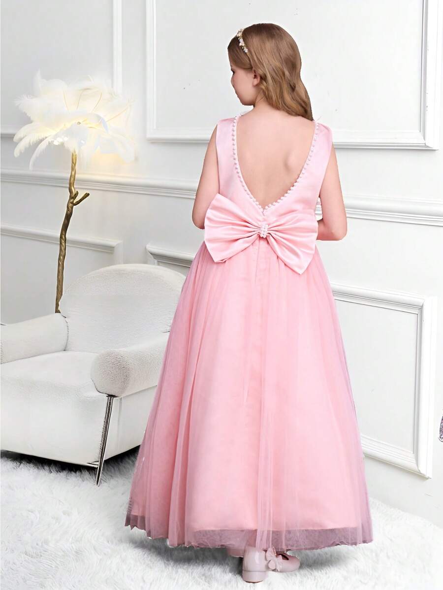 SHEIN Tween Girls Pink V-Neck Backless Butterfly Decor Mesh Dress, Elegant Party Gown Suitable For Outdoor And Indoor Events - Pink - View 1