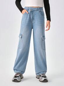 Girls Basic Casual Heavy Washed Asymmetrical Waist Multi-Pocket Loose Denim Jeans - Medium Wash - View 1