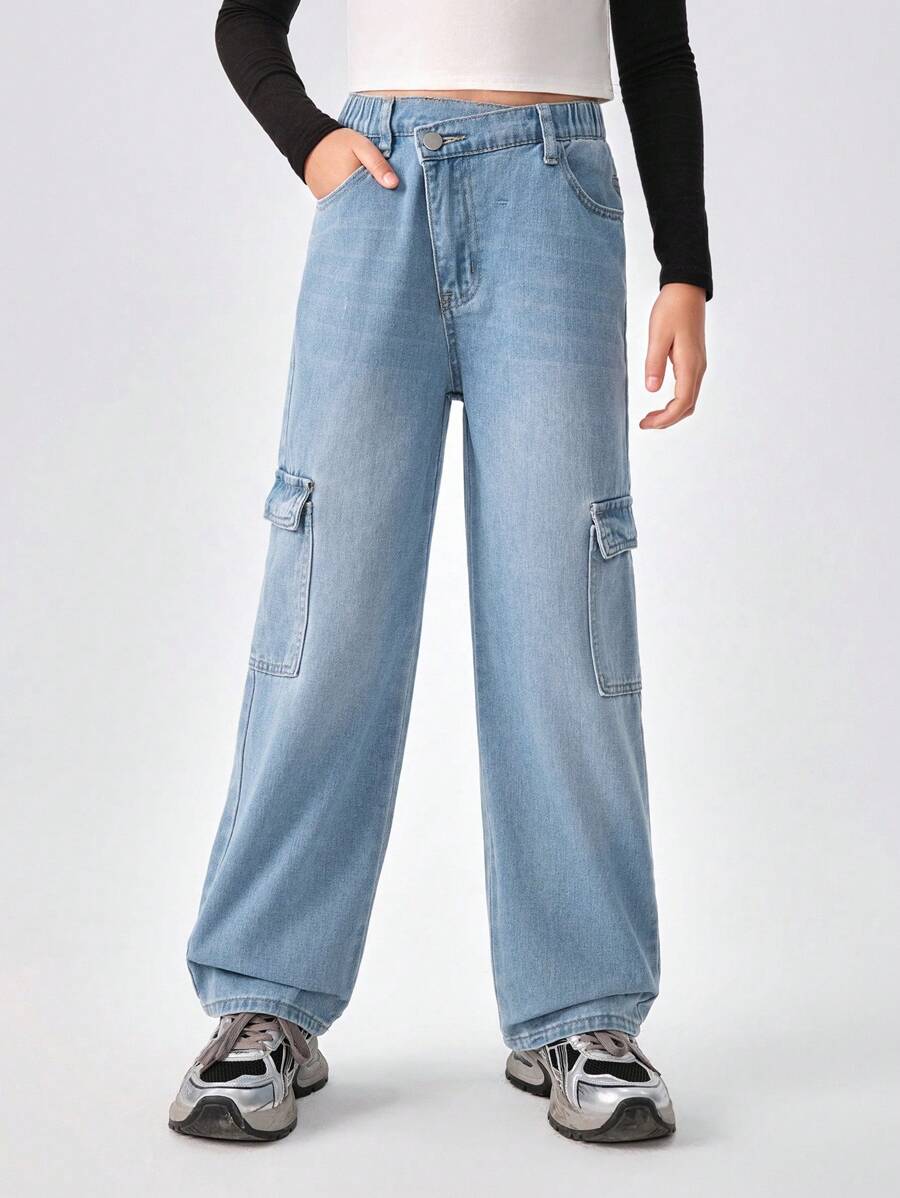Girls Basic Casual Heavy Washed Asymmetrical Waist Multi-Pocket Loose Denim Jeans - Medium Wash - View 1