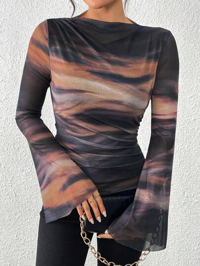 Chiquease 女士复古扎染网眼印花褶皱装饰长袖基础款T恤，秋季上衣，秋冬女士春季上衣