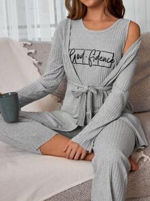 RueChic 3Pcs  Slogan Printed Homewear Set - Light Grey - View 6
