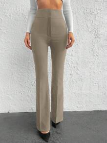 EURMUSE Plain High Waisted Simple Fitted Regular Casual Pants - Mocha Brown - View 4