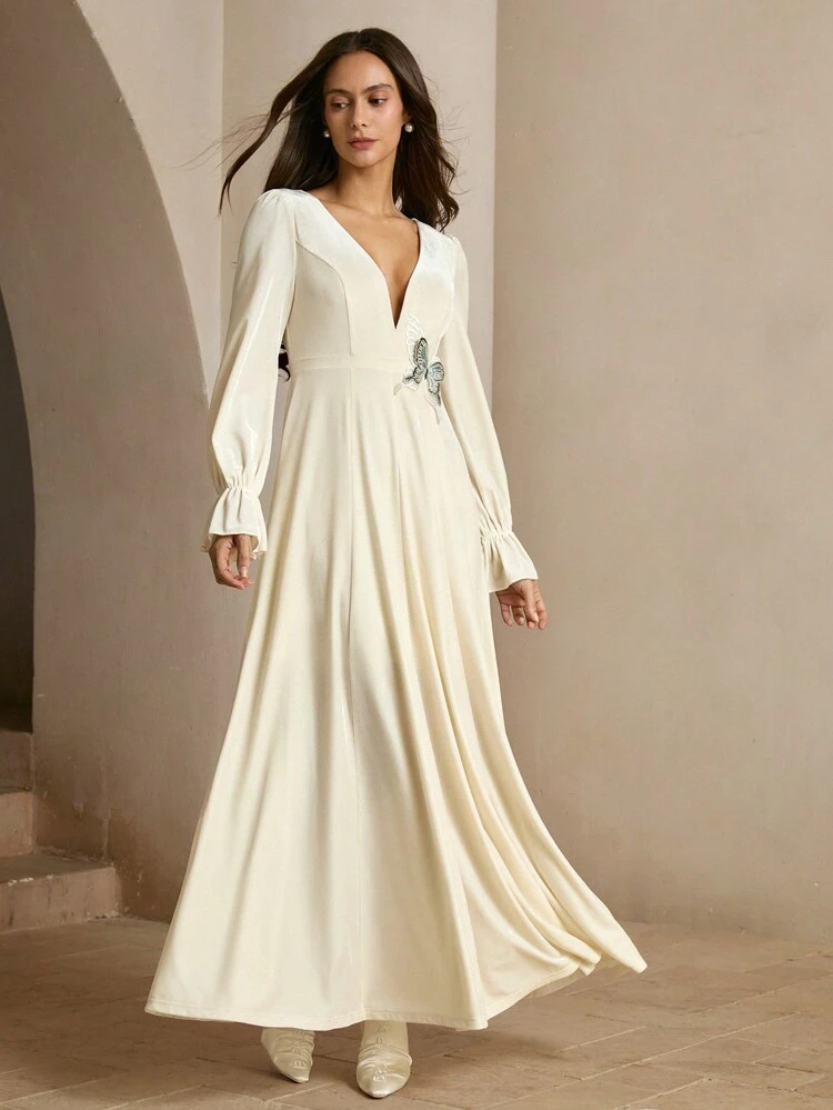 V-Neck High Waist Lantern Sleeve Butterfly Decor Elegant Dress
