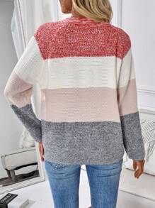 SHEIN LUNE Contrast Color Mixed Yarn V-Neck Long Sleeve Sweater, Knit Pullover Fall Winter - Multicolor - View 2