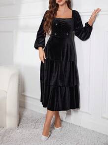 Modelyn 女士复古方领长袖水钻天鹅绒 A 字裙，初秋长款晚礼服 - 黑色 - 查看 5