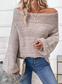 SHEIN Clasi Áo len dài tay trễ vai thả vai thường ngày cho nữ vào mùa thu/đông - Màu Khaki - Xem 3