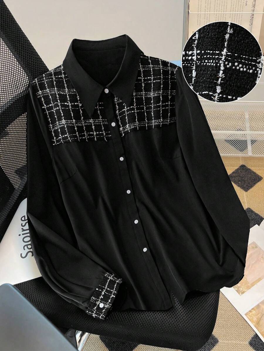 SHEIN LUNE Plus Size Women's Spring/Summer Patchwork Plaid Long Sleeve Loose Casual Shirt Fall Cloth For Women - Black - View 1