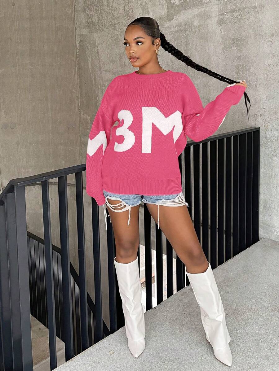 SHEIN SXY Casual Oversized Loose Knitted Sweater With Numeric Pattern, Autumn & Winter - Pink - View 1